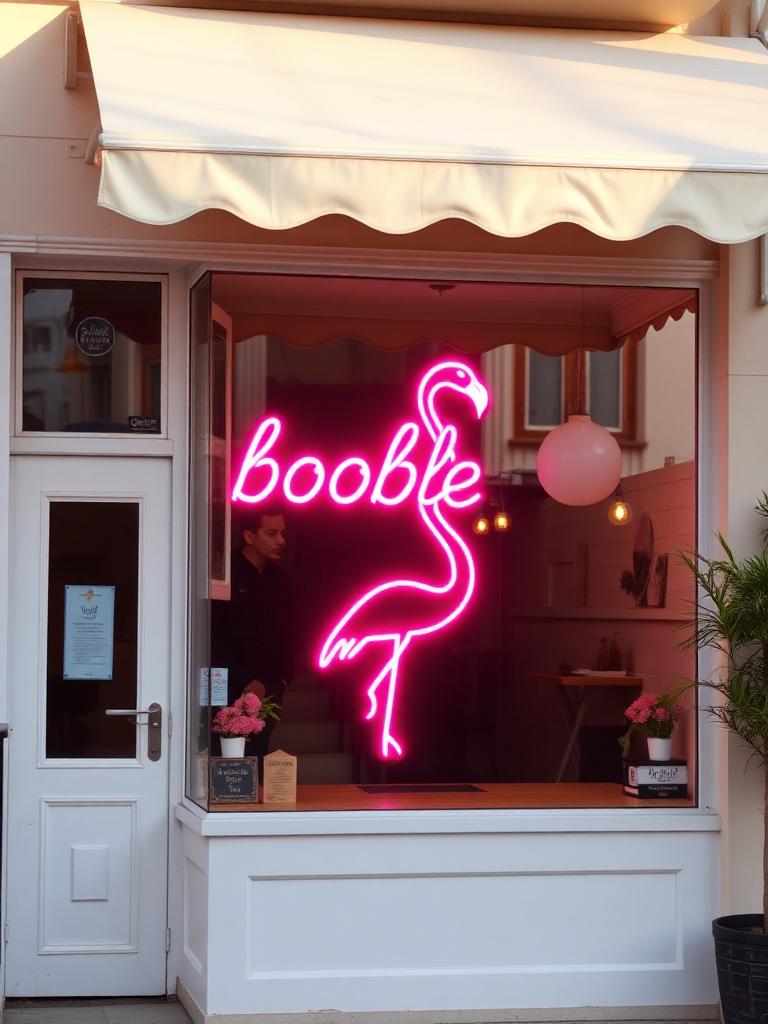 Booble storefront with neon flamingo